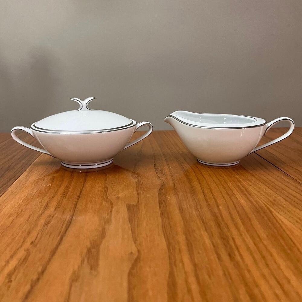 Noritake Cream Sugar Bowl With Lid White Silver China Serving